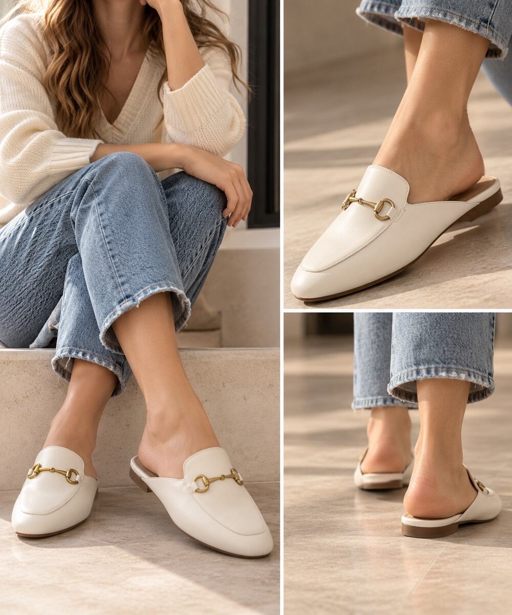Quince Italian Leather Horsebit Loafer Mule Bone Gold Bit Slip On Shoes 7.5